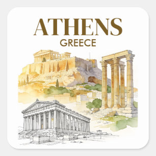 Pegatina Cuadrada Atenas Grecia Acrópolis Boceto Acuarela Personaliz