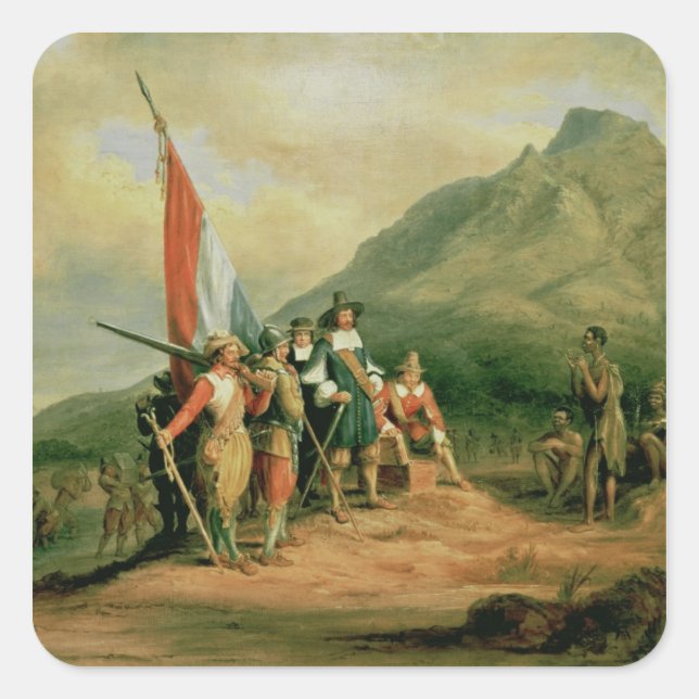 Pegatina Cuadrada Aterrizaje de Jan van Riebeeck (Anverso)