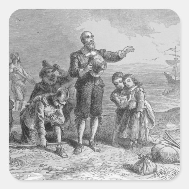 Pegatina Cuadrada Aterrizaje de los peregrinos, 1620 (Anverso)