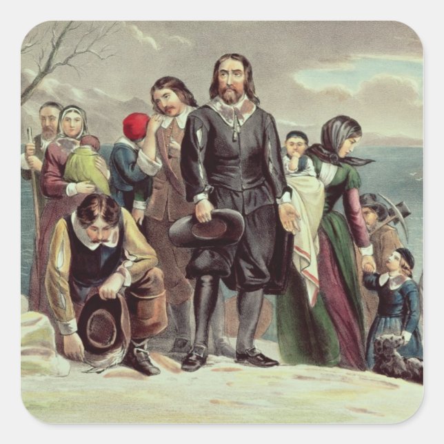 Pegatina Cuadrada Aterrizaje de peregrinos en Plymouth (Anverso)