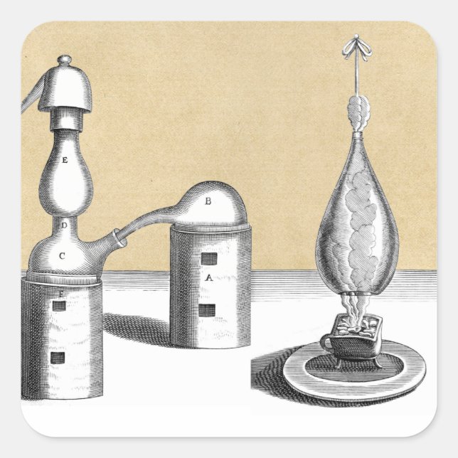 Pegatina Cuadrada Athanor Alcheme Furnace y Alembic Flask (Anverso)
