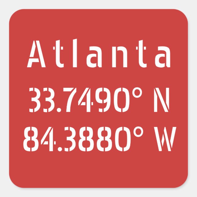 Pegatina Cuadrada Atlanta Latitude Longitud Rojo (Anverso)