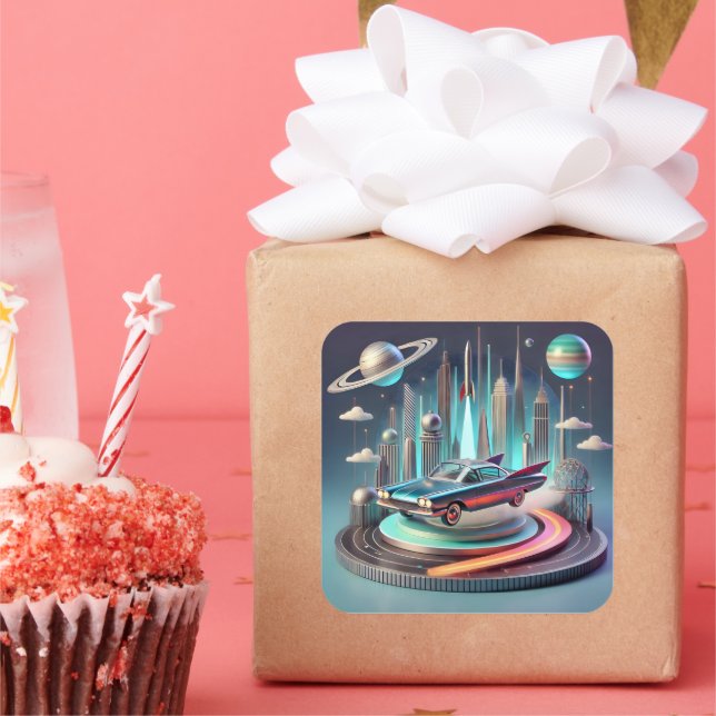 Pegatina Cuadrada Atomic Futuristic Big Fins Coupe Car (Fiesta)