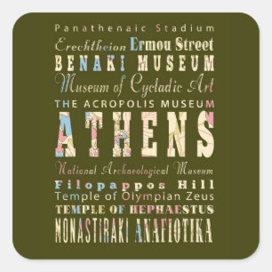 Pegatina Cuadrada Atracciones y lugares famosos Atenas, Grecia