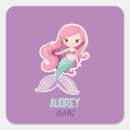 Pegatina Cuadrada Atractiva sirena pastel con nombre de niño