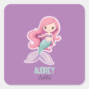 Pegatina Cuadrada Atractiva sirena pastel con nombre de niño