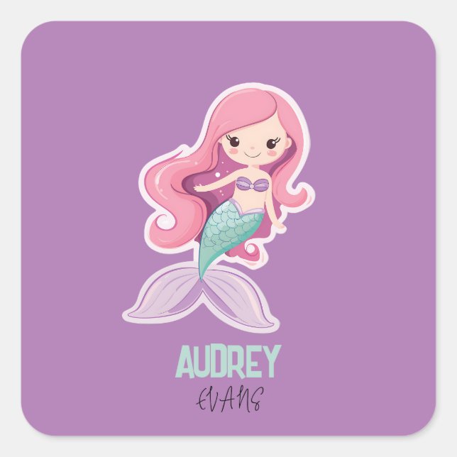 Pegatina Cuadrada Atractiva sirena pastel con nombre de niño (Anverso)