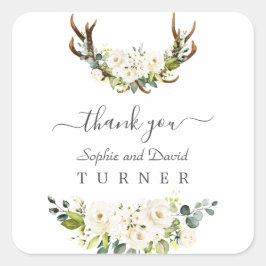 Pegatina Cuadrada Atractivo Boda de Antlers de Flores Blancas de acu