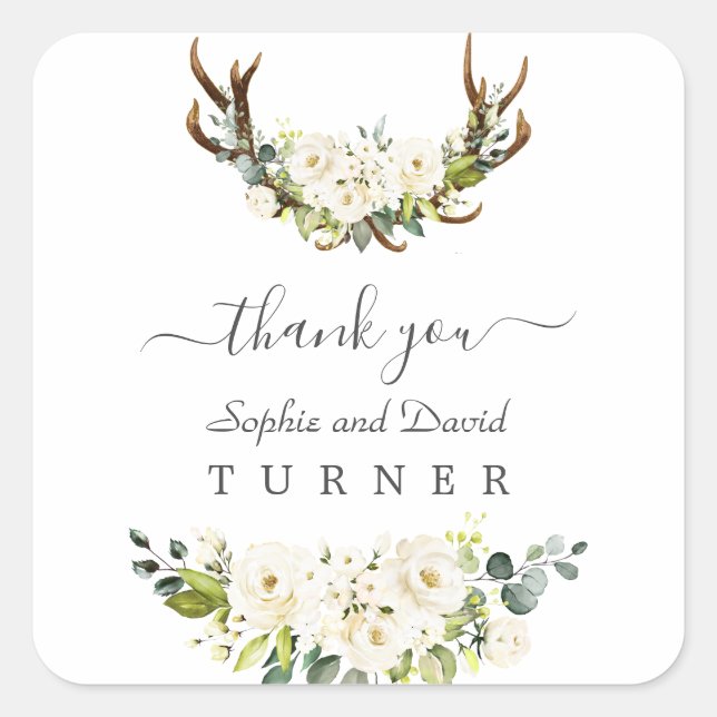 Pegatina Cuadrada Atractivo Boda de Antlers de Flores Blancas de acu (Anverso)