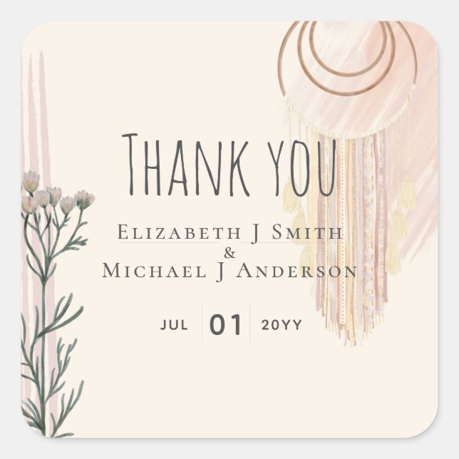 Pegatina Cuadrada Atrapasueños BOHO Boda Azul Polvo Melocotón (Anverso)