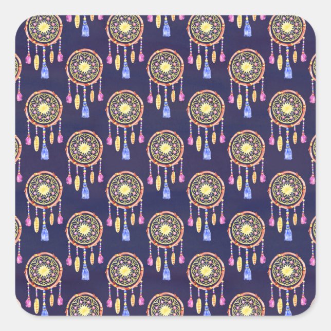 Pegatina Cuadrada Atrapasueños Plumas Textura Transparente Acuarela (Anverso)