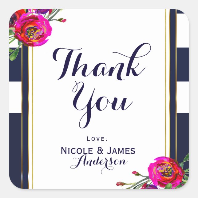 Pegatina Cuadrada Audaz Floral Azul y Oro Elegante Clásico Moderno (Anverso)