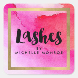 Pegatina Cuadrada Audaz Salon de Extensiones Lash de acuarela Rosa