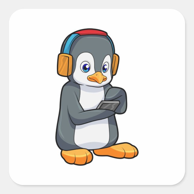 Pegatina Cuadrada Auriculares con música pingüino (Anverso)
