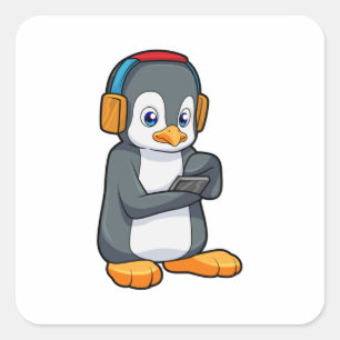 Pegatina Cuadrada Auriculares con música pingüino