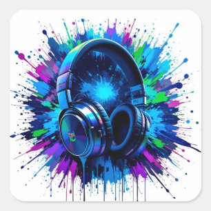 Pegatina Cuadrada Auriculares Diseño Artístico Amante de la Música –