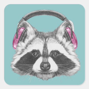 Pegatina Cuadrada Auriculares Raccoon