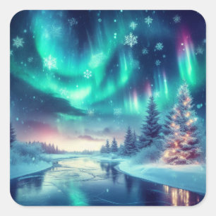 Pegatina Cuadrada aurora borealis/Navidades/invierno