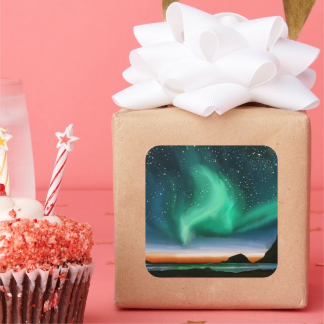 Pegatina Cuadrada Aurora Borealis - Pintura de aceite (Fiesta)