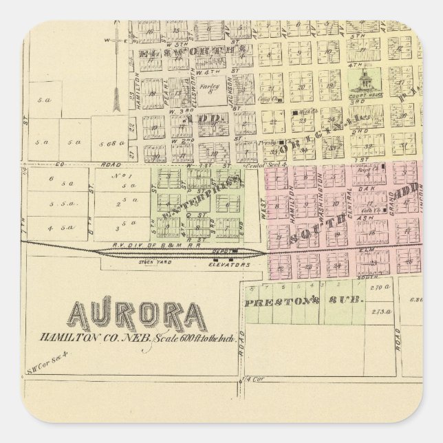 Pegatina Cuadrada Aurora, Phillips, un Hampton, Nebraska (Anverso)