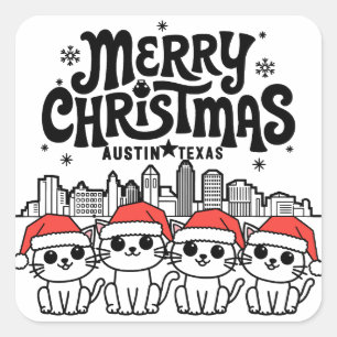 Pegatina Cuadrada Austin City Texas Merry Christmas Cats USA