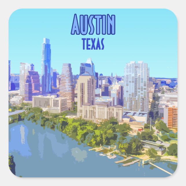 Pegatina Cuadrada Austin Downtown Texas Vintage (Anverso)