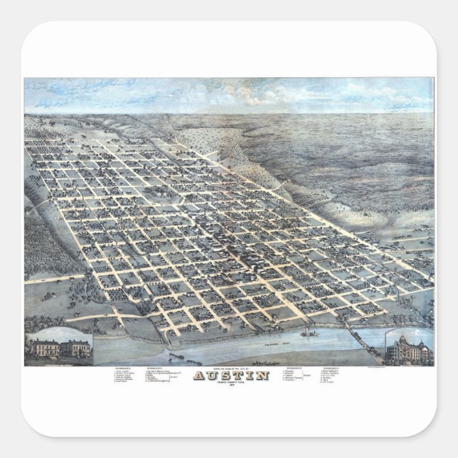 Pegatina Cuadrada Austin, Texas Antique Aerial City Map de 1873 (Anverso)