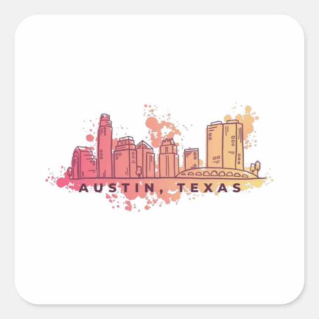 Pegatina Cuadrada Austin Texas Watercolor Skyline (Anverso)