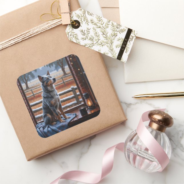 Pegatina Cuadrada Australian Cattle With Christmas Lights Holiday (Regalar)