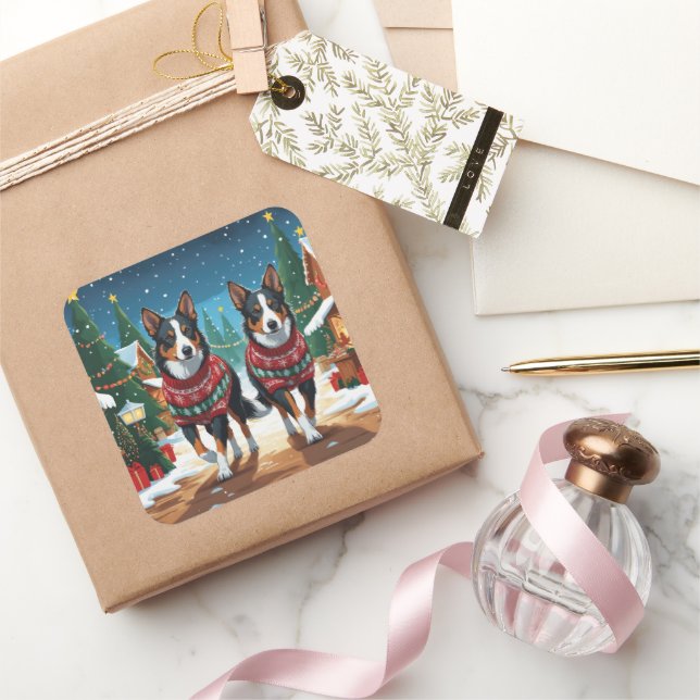 Pegatina Cuadrada Australian Kelpie Dogs Christmas Snow Holiday (Regalar)