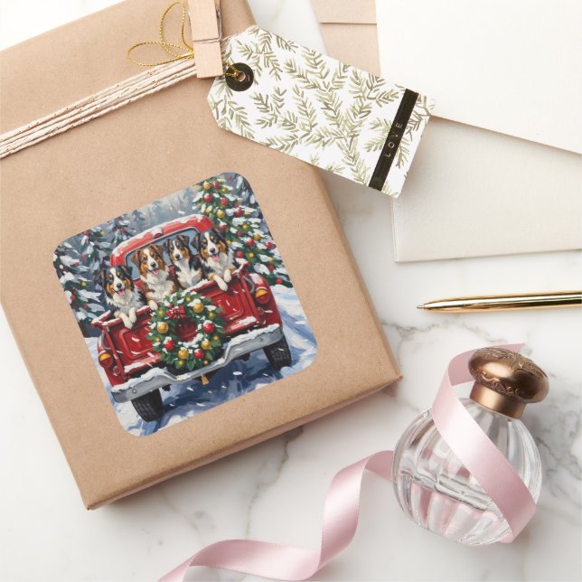 Pegatina Cuadrada Australian Shepherd Christmas Red Truck Holiday (Regalar)