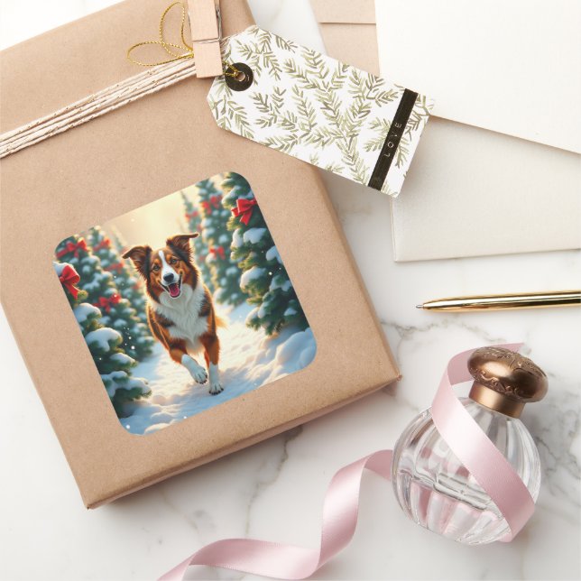 Pegatina Cuadrada Australian Shepherd Christmas Tree Farm Painting (Regalar)