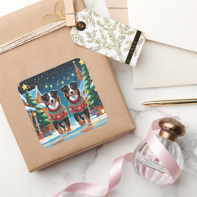 Pegatina Cuadrada Australian Shepherd Dogs Christmas Snow Holiday (Regalar)