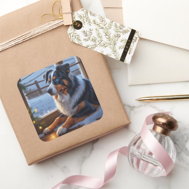 Pegatina Cuadrada Australian Shepherd With Christmas Lights Holiday (Regalar)