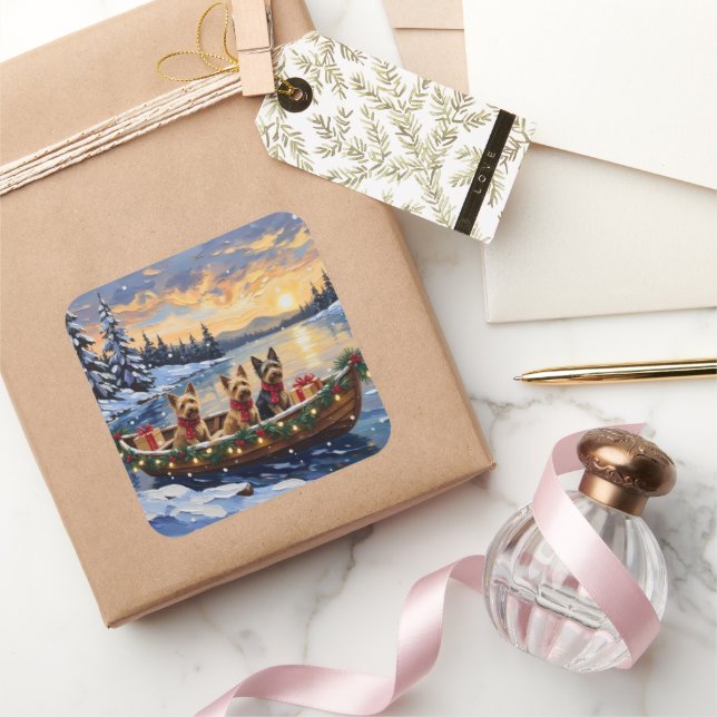 Pegatina Cuadrada Australian Terrier Christmas Boat Holiday (Regalar)