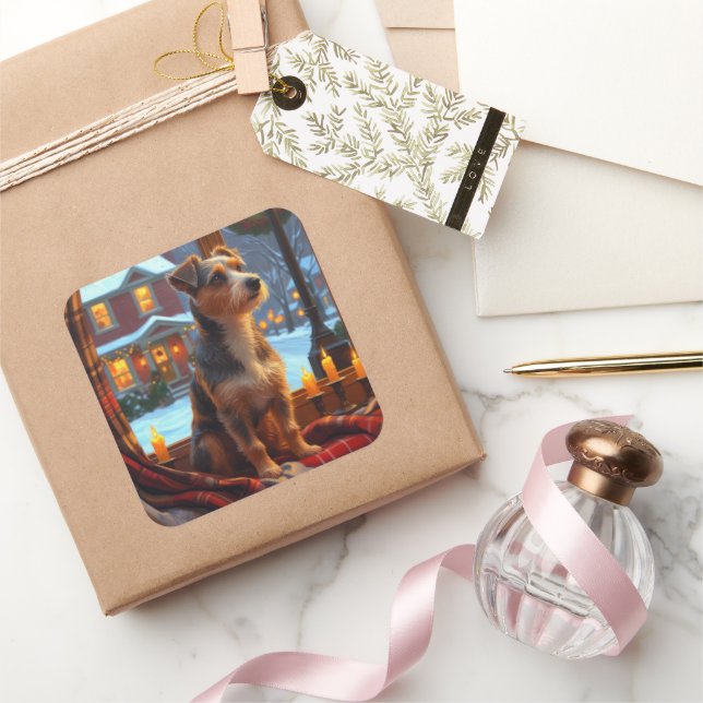 Pegatina Cuadrada Australian Terrier With Christmas Lights Holiday (Regalar)