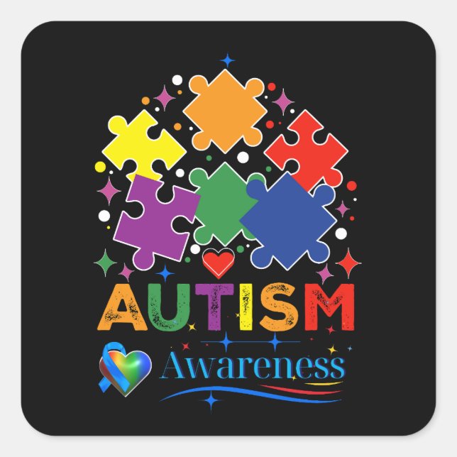 Pegatina Cuadrada Autism Awareness Heart Puzzle Piece Cinta Azul De (Anverso)
