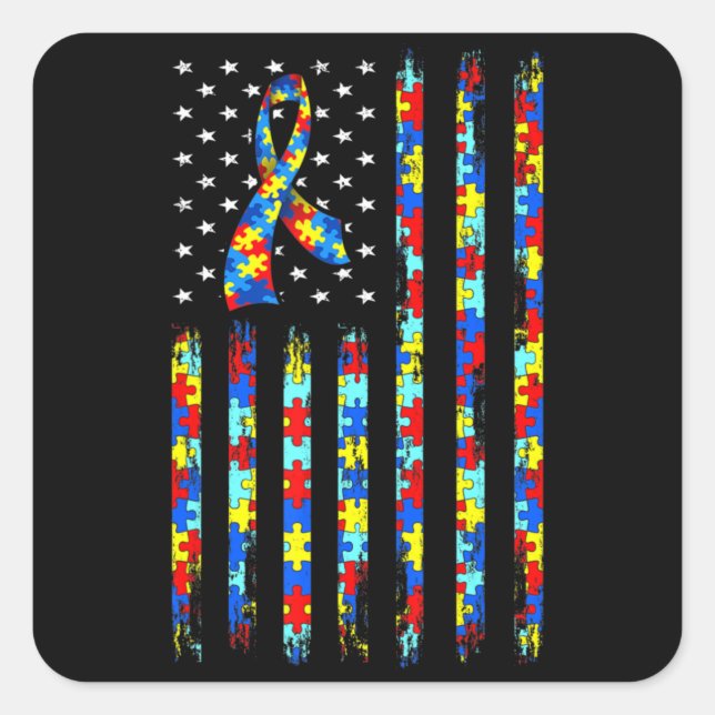 Pegatina Cuadrada Autism Awareness Shirt American Flag Ribbon Puzzle (Anverso)