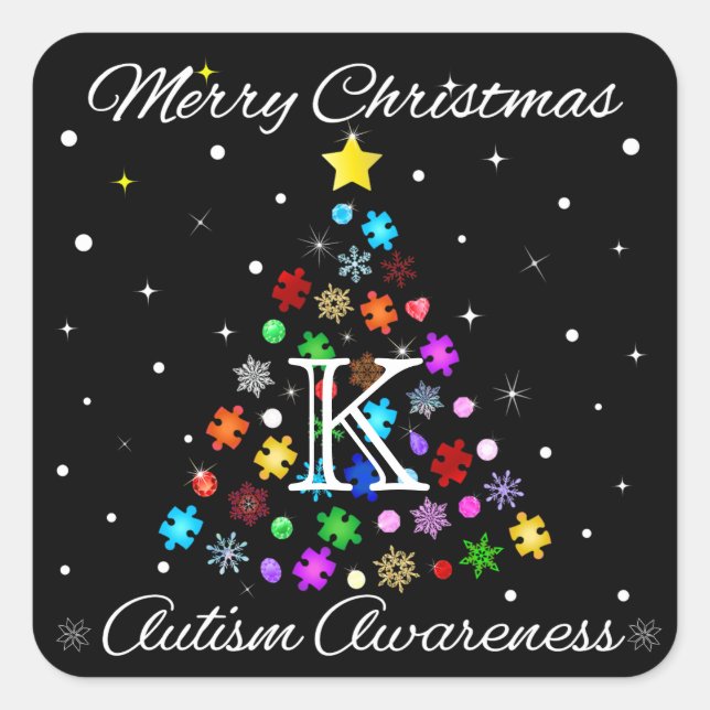 Pegatina Cuadrada Autismo Árbol de Navidad de Snowflake (Anverso)