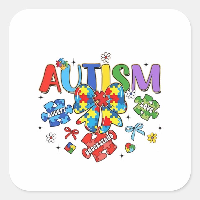 Pegatina Cuadrada Autismo Conciencia Bow Coquette Puzzle Piece Neuro (Anverso)