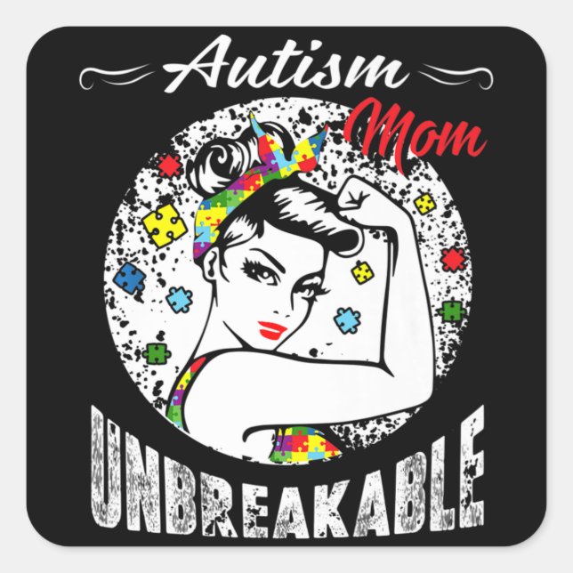 Pegatina Cuadrada Autismo Mamá inquebrantable camiseta Autism Awaren (Anverso)