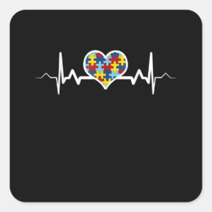 Pegatina Cuadrada autista  Autism Awareness Heartbeat Puzzle Orgullo