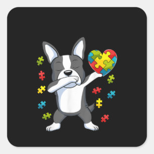Pegatina Cuadrada Autista Dabbing Boston Terrier Puzzle Piece Heart