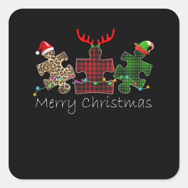Pegatina Cuadrada Autista | Feliz Navidad Autism Puzzle Pizzle (Anverso)