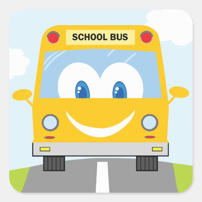 Pegatina Cuadrada Autobús Escolar Amarillo Sonriente (Anverso)