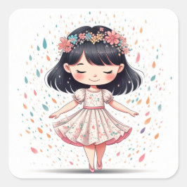 Pegatina Cuadrada Autocollant  Fille Fleurie - Design Original