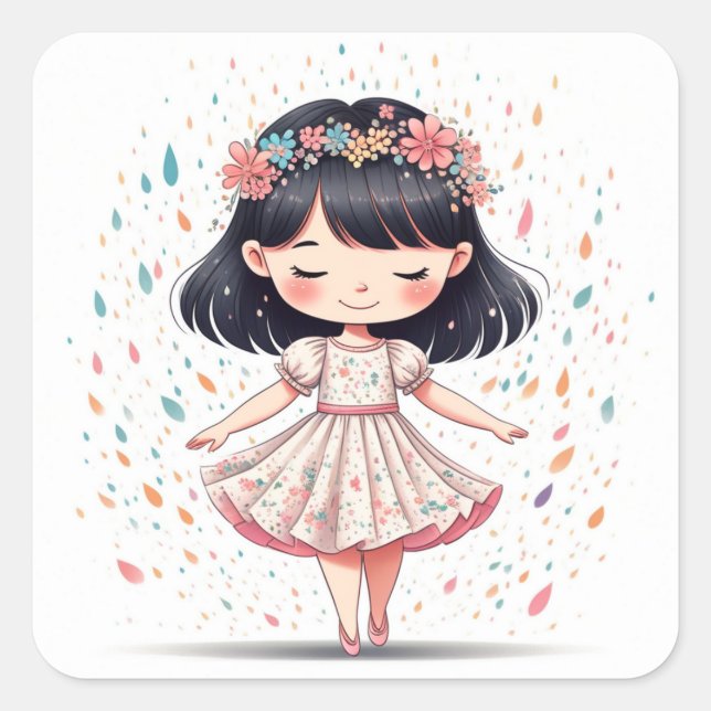 Pegatina Cuadrada Autocollant  Fille Fleurie - Design Original (Anverso)