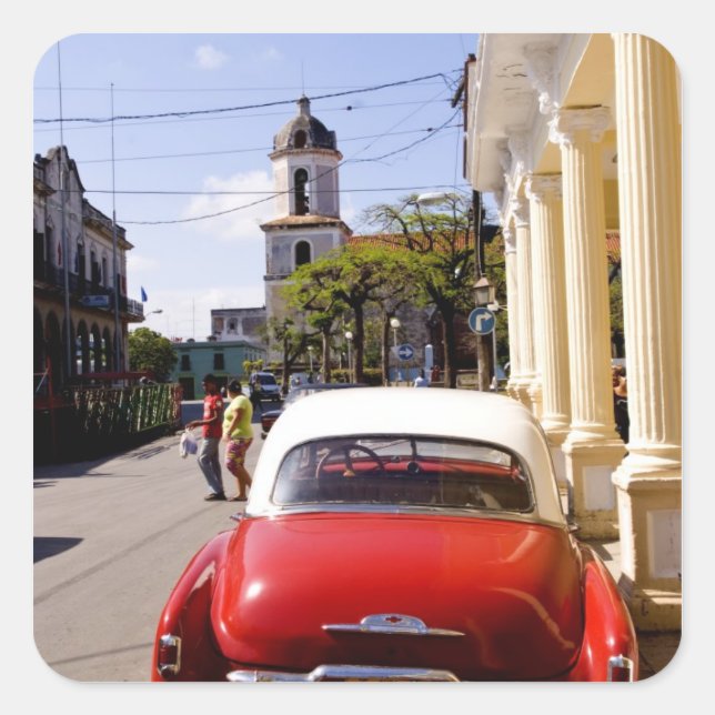 Pegatina Cuadrada Automóvil americano clásico viejo en Guanabacoa, u (Anverso)