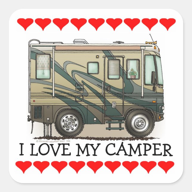Pegatina Cuadrada Autophome Cute Happy Camper Big RV (Anverso)