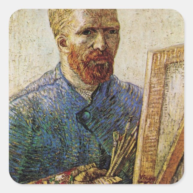 Pegatina Cuadrada Autoretrato de Van Gogh frente a Easel (Anverso)